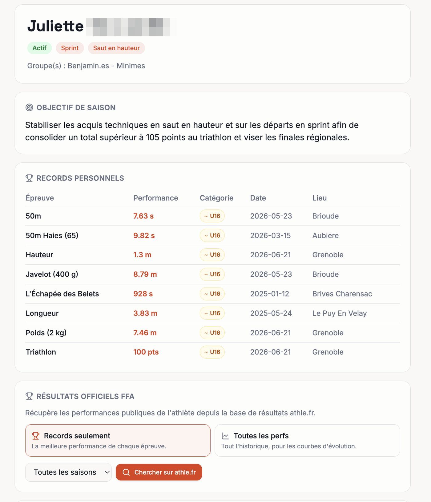 Les records personnels et l'import depuis athle.fr