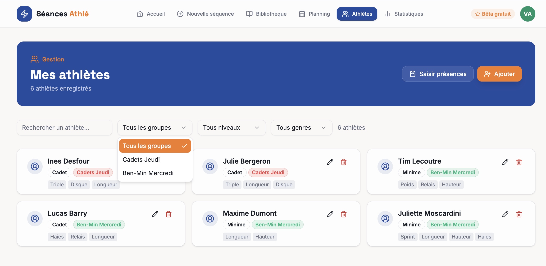 Module Mes athlètes avec fiches et filtrage par groupe