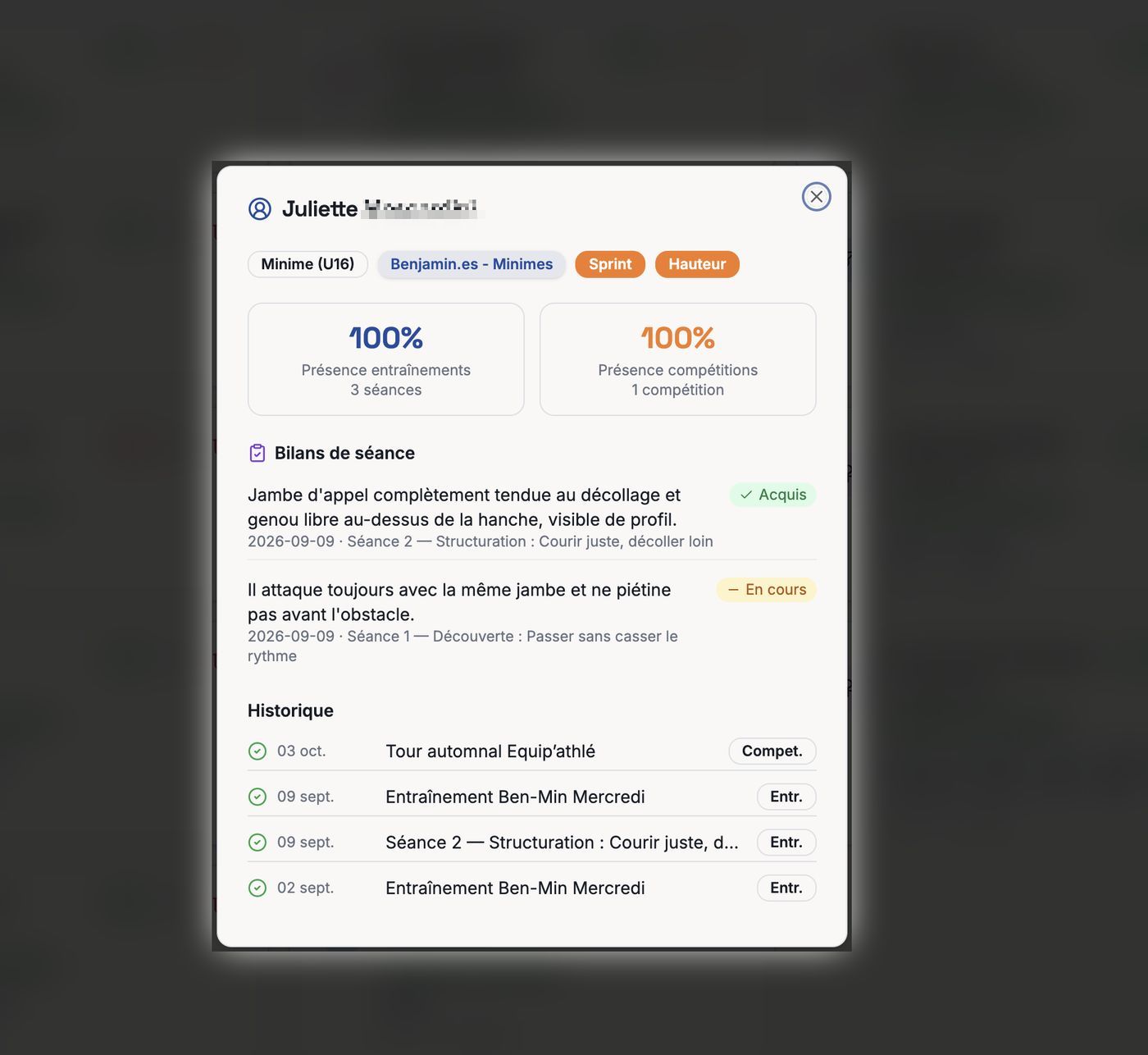 La fiche de suivi d'un athlète