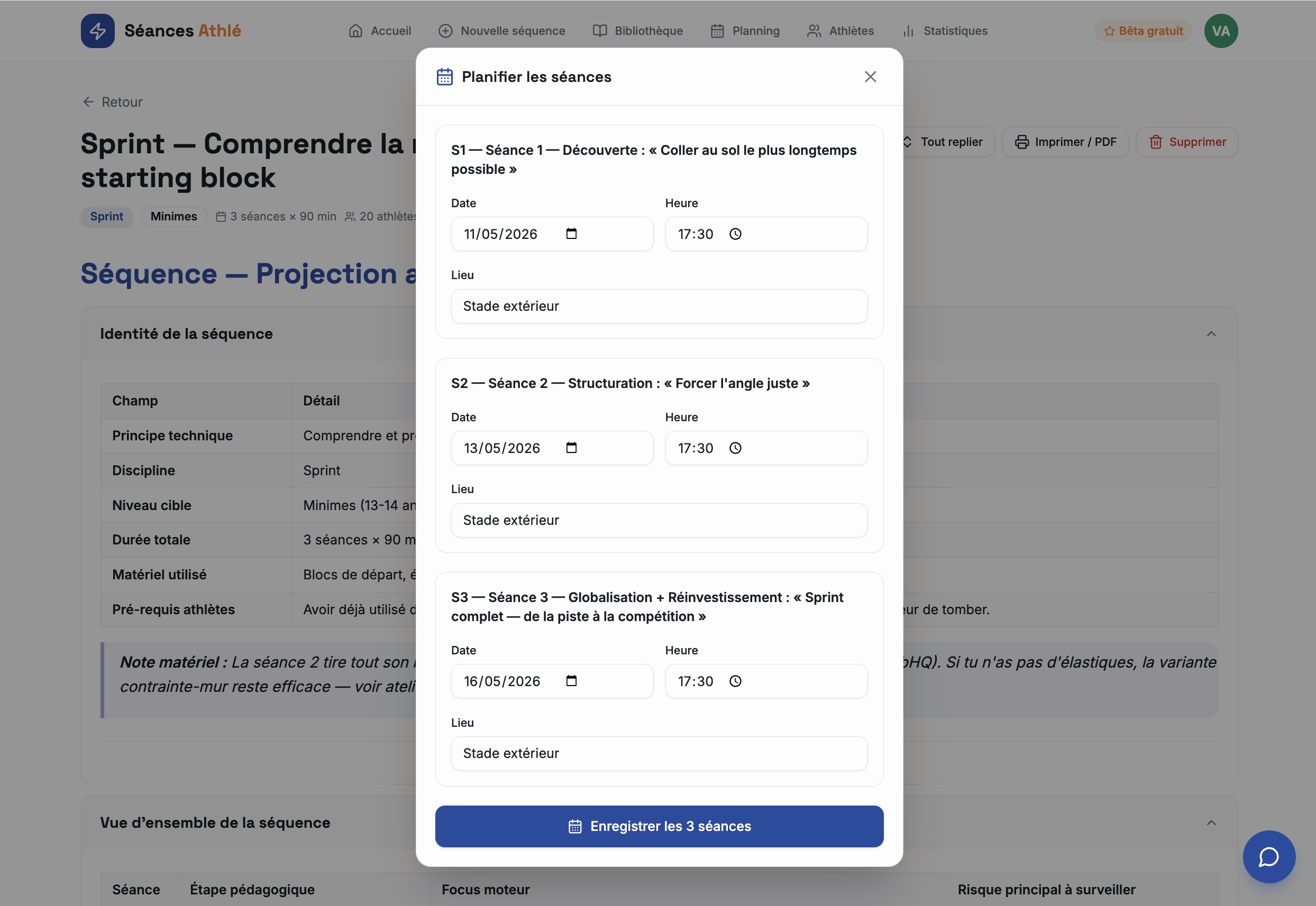 Modal Planifier les séances avec date, heure et lieu pour chaque séance