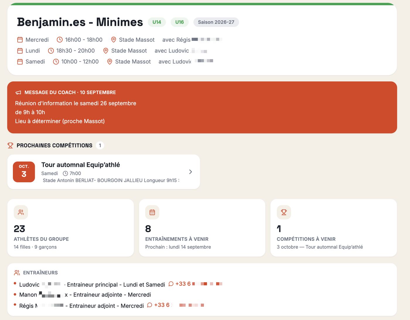 La page publique d'un groupe, telle que la voient les familles