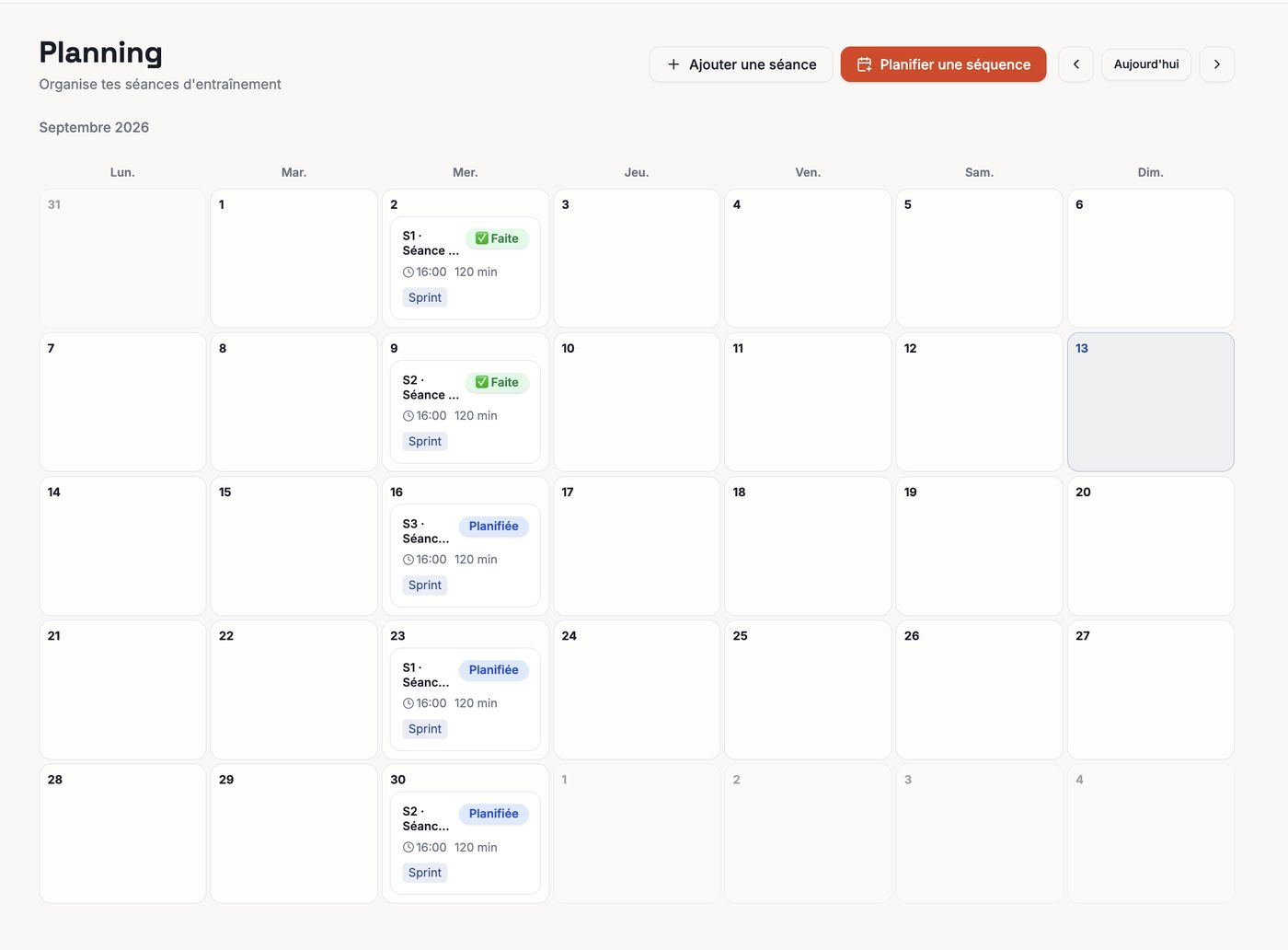 Le calendrier mensuel des séances
