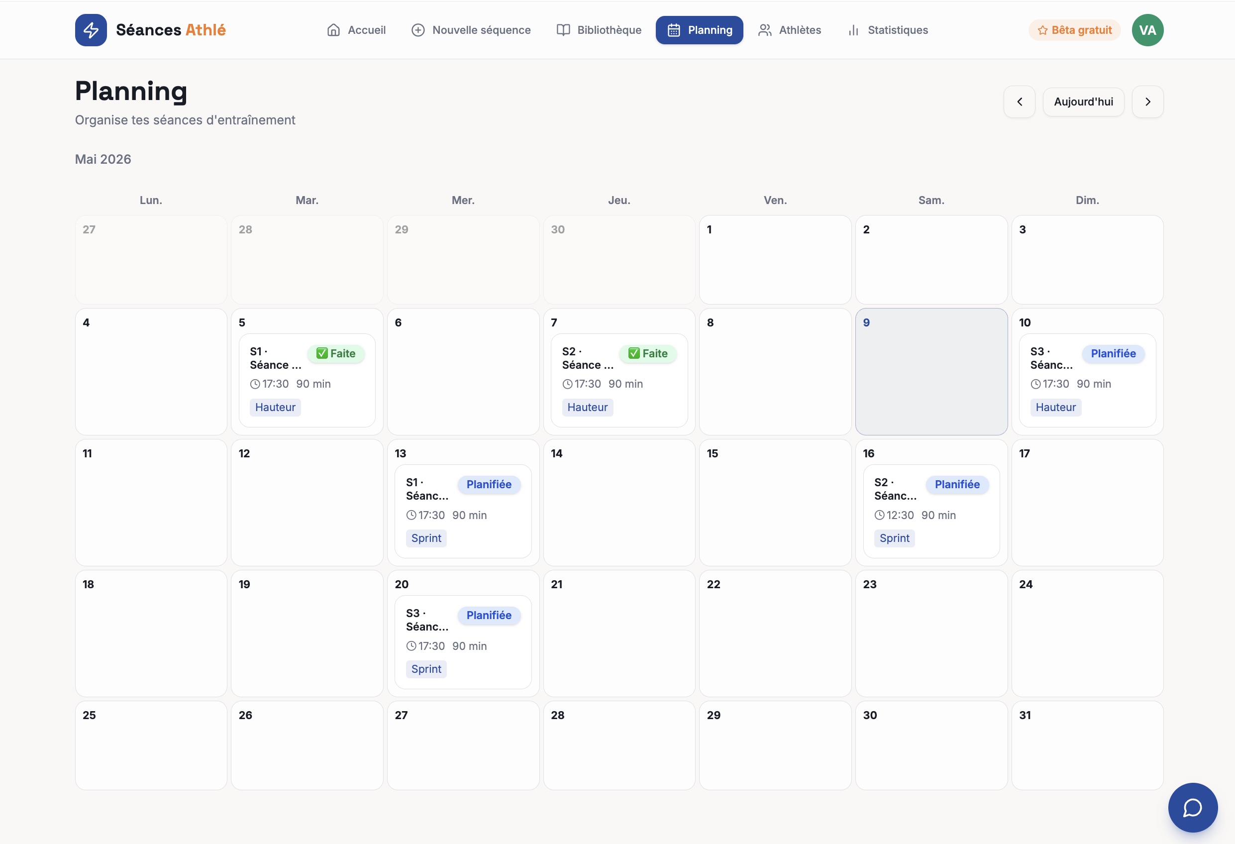 Planning calendrier mensuel avec séances planifiées